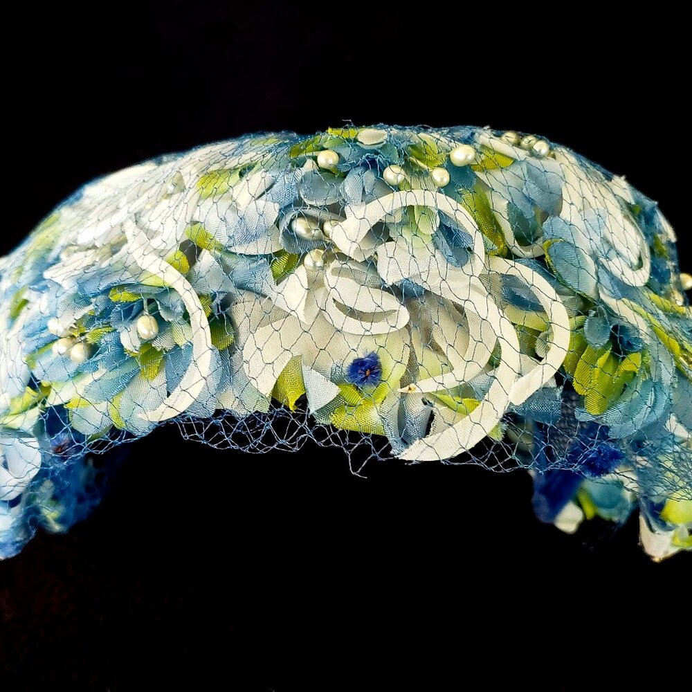 Vintage Mr. Richard Blue Flowers Netted Pill Hat